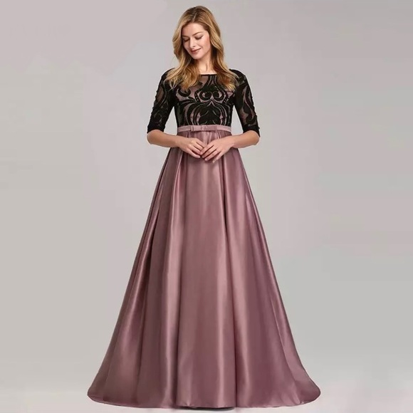 Black Lace top w/ Mauve Satin A-line dress (Sz 6) - Picture 2 of 6